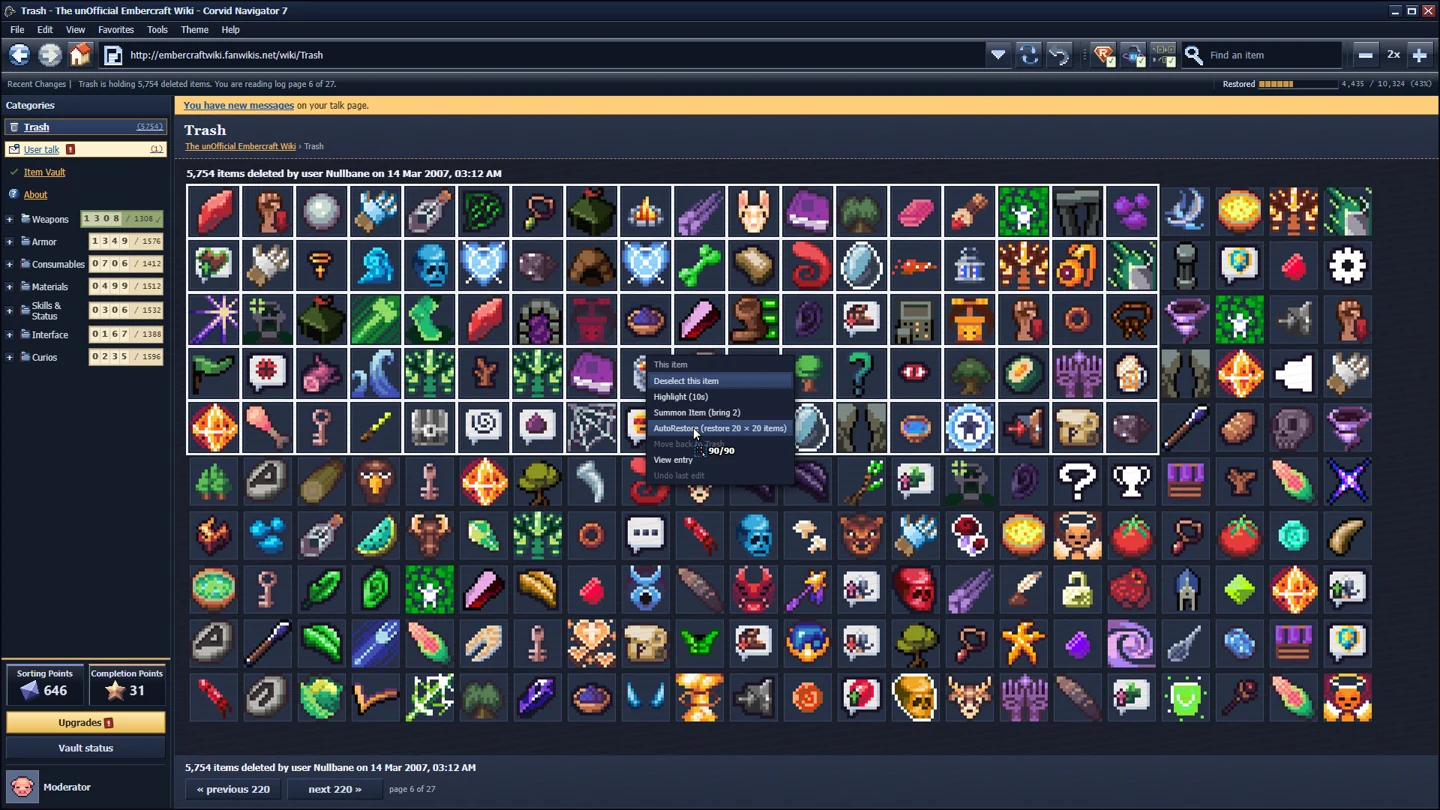 Deleted Wiki dark-blue browser skin with item tooltip and folder links