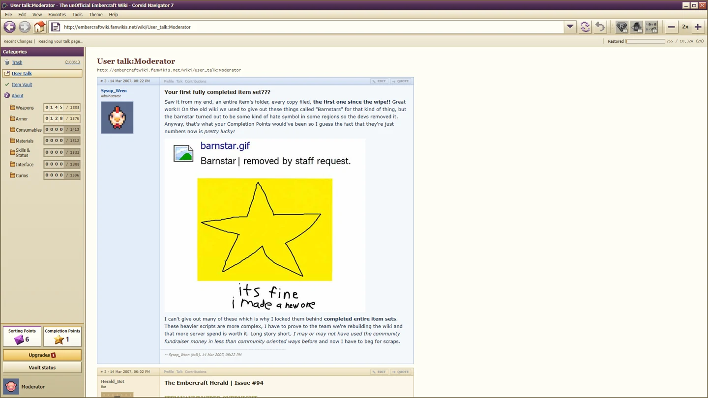Deleted Wiki Talk Page showing a story message to the moderator