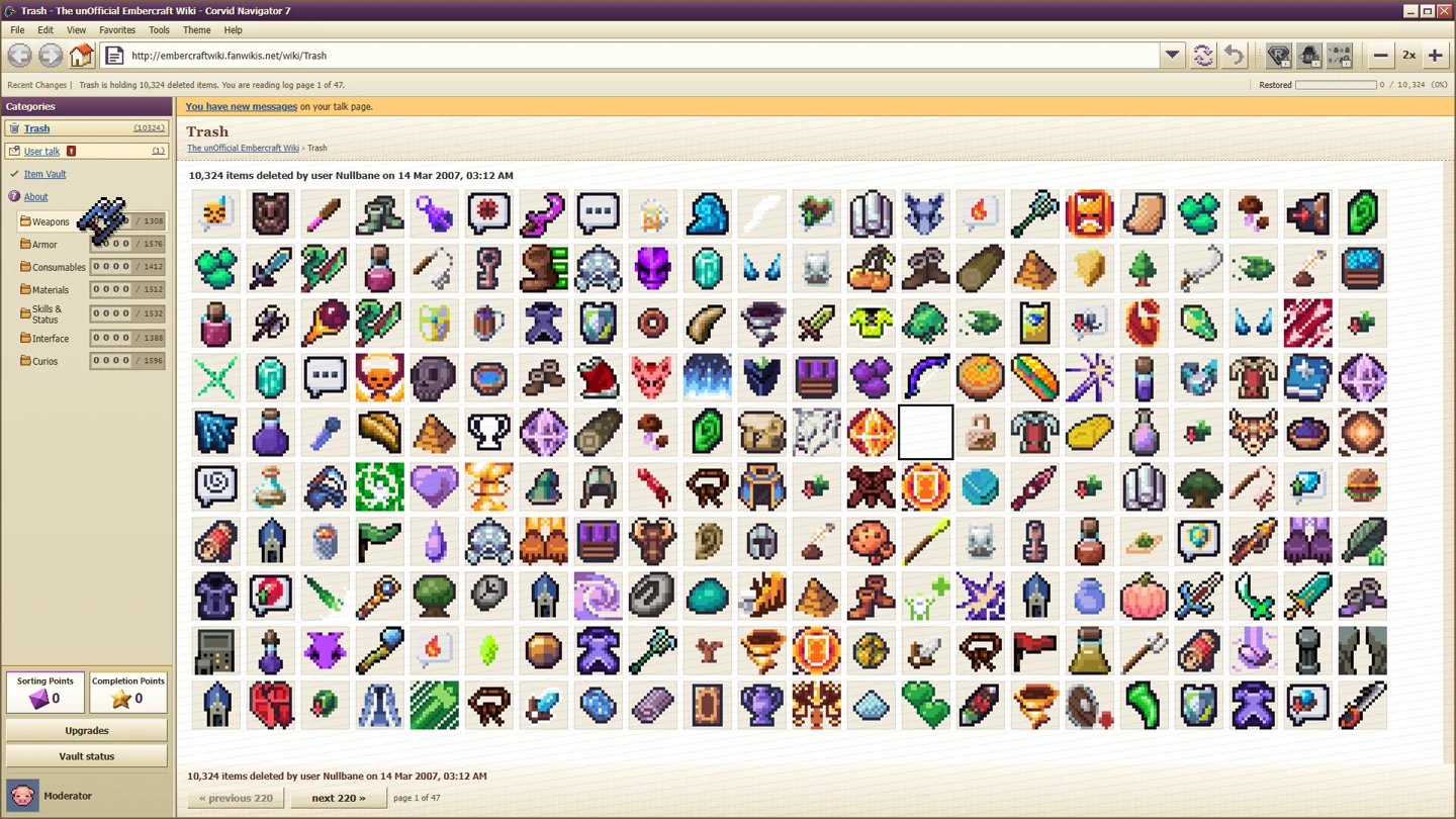 Deleted Wiki Trash page with pixel item icons and the seven destination categories